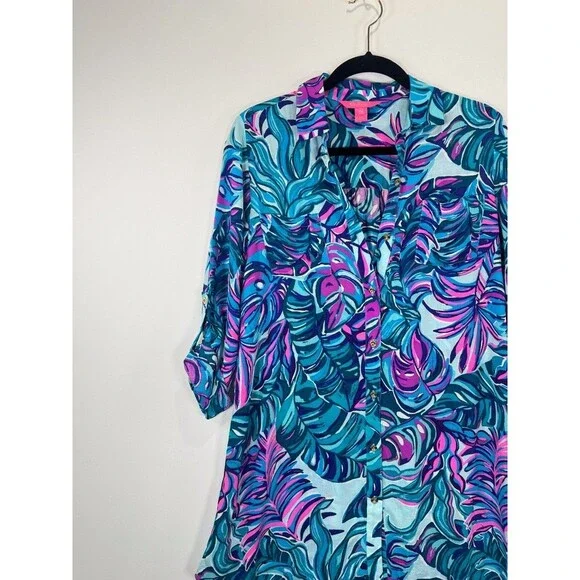 Lilly Pulitzer Dress Blue Natalie Shirtdress Cover Up Mini Floral Beach 2XS - Picture 5 of 11